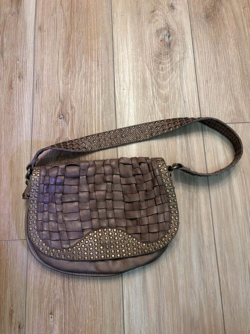 Frye Stacy Studded Leather Woven Shoulder Bag